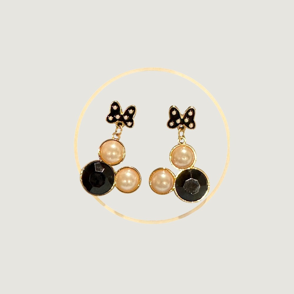 Disney Minnie Mouse Faux Pearl Black Crystal Bow Dangle Earrings Gold Tone NWT